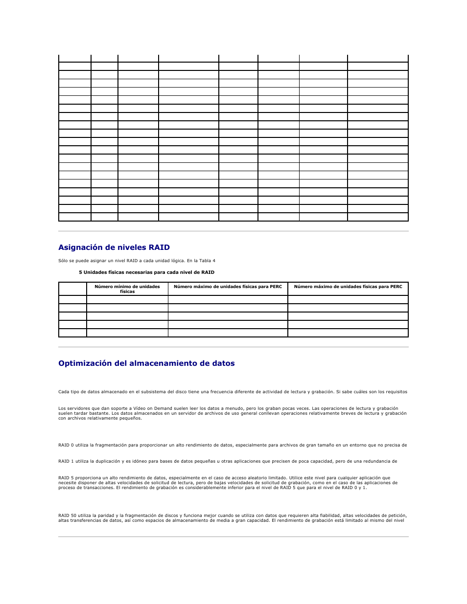 Asignación de niveles raid, Optimización del almacenamiento de datos, Requisitos para el acceso a datos | Resumen de los niveles de raid | Dell PERC 4E/DC User Manual | Page 70 / 112