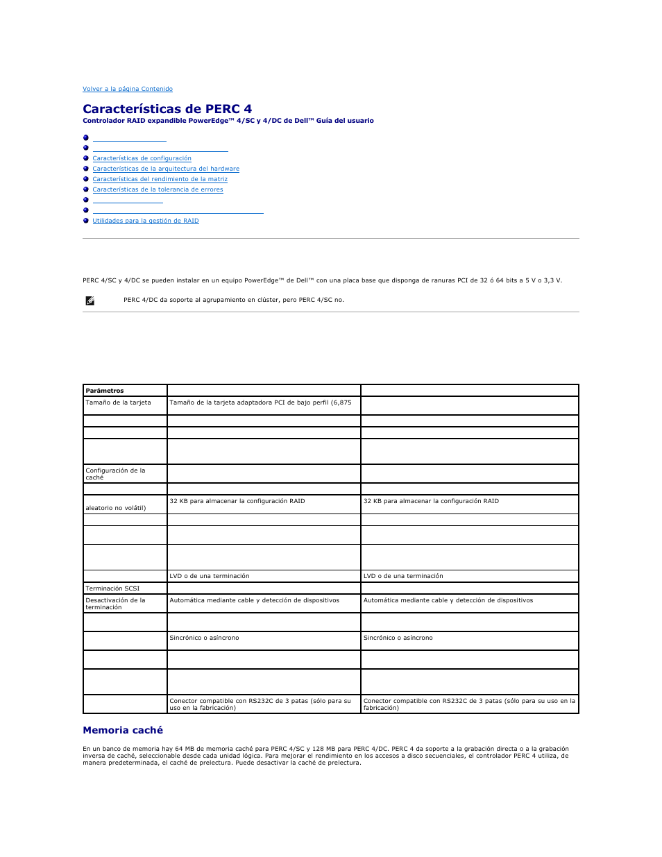 Características de perc 4, Requisitos de hardware, Resumen de las especificaciones de perc 4 | Dell PERC 4E/DC User Manual | Page 72 / 112