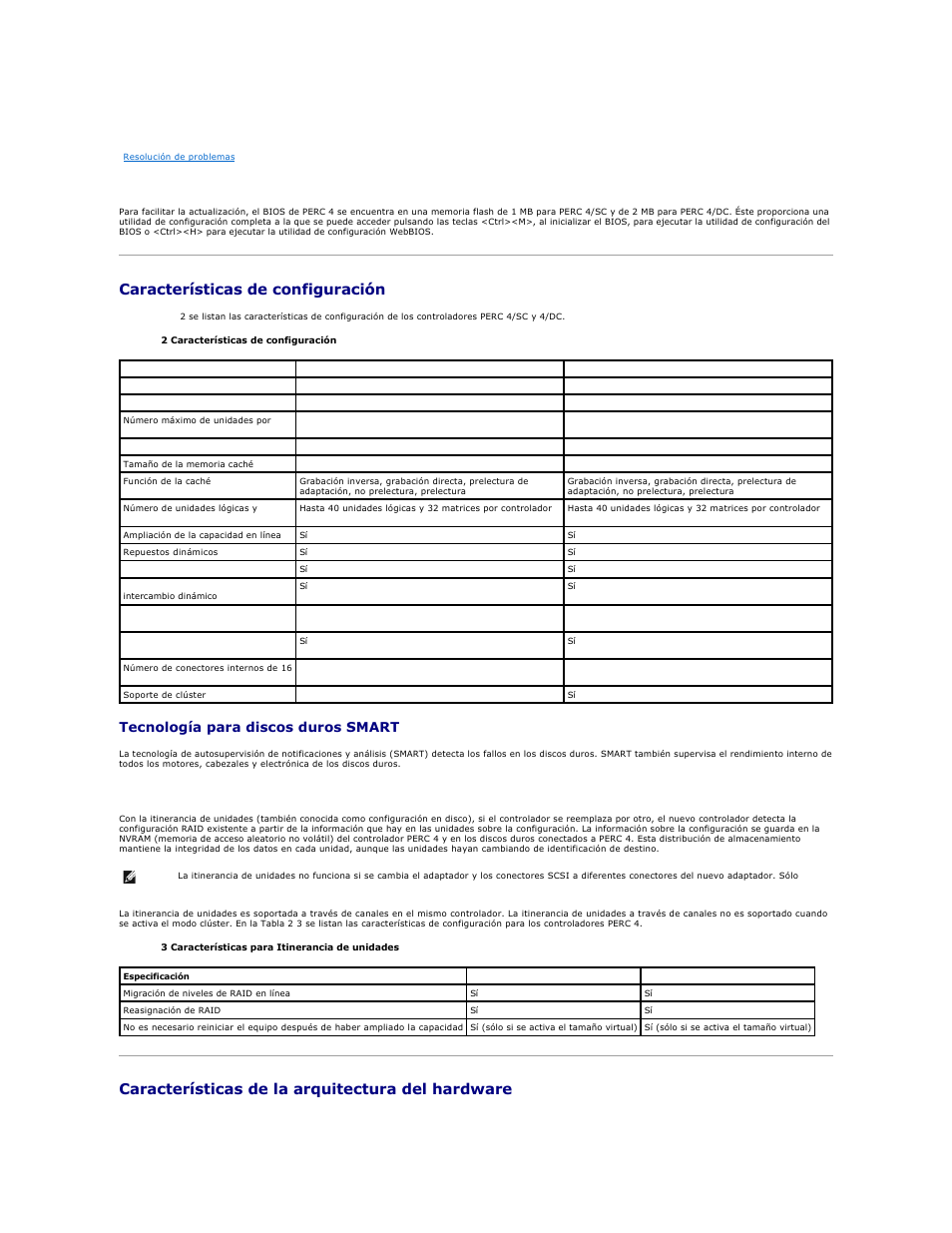 Características de configuración, Características de la arquitectura del hardware, Altavoz incorporado | Bios de perc 4, Tecnología para discos duros smart, Itinerancia de unidades | Dell PERC 4E/DC User Manual | Page 73 / 112