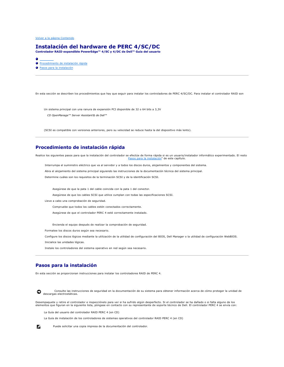 Instalación del hardware de perc 4/sc/dc, Requisitos, Procedimiento de instalación rápida | Pasos para la instalación, Paso 1 desempaquetar el controlador | Dell PERC 4E/DC User Manual | Page 83 / 112