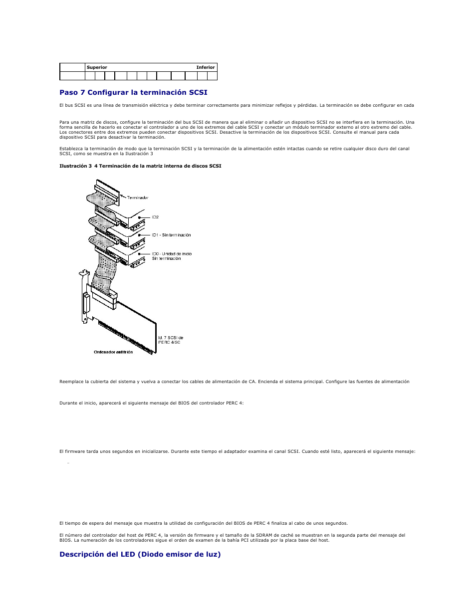 Paso 7 configurar la terminación scsi, Paso 8 iniciar el sistema, Descripción del led (diodo emisor de luz) | Dell PERC 4E/DC User Manual | Page 87 / 112
