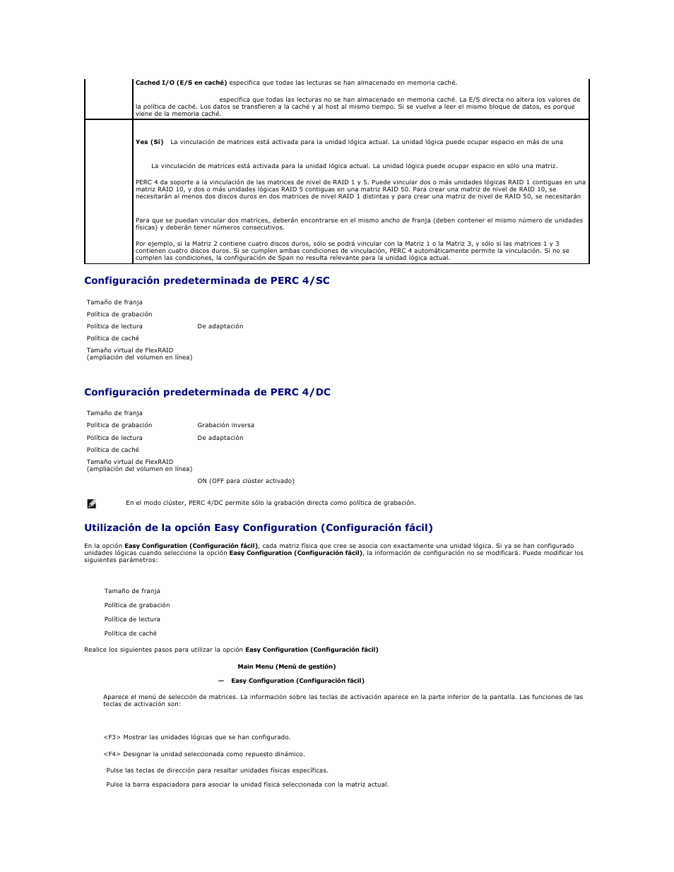 Configuración predeterminada de perc 4/sc, Configuración predeterminada de perc 4/dc, Utilización de la | Opción easy configuration (configuración fácil), Utilización de la opción view/add | Dell PERC 4E/DC User Manual | Page 91 / 112