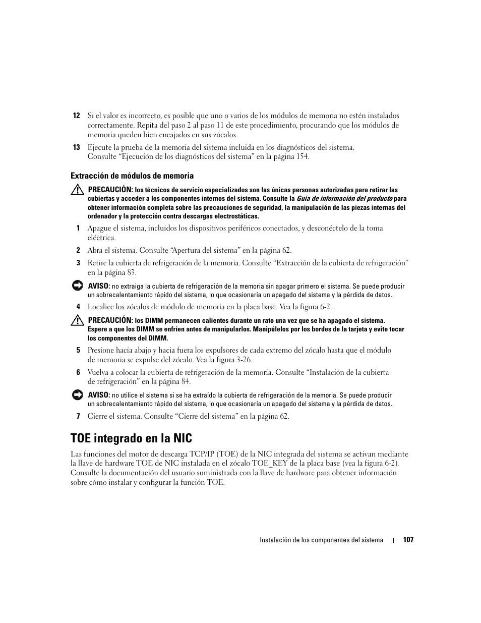 Extracción de módulos de memoria, Toe integrado en la nic | Dell PowerEdge 2970 User Manual | Page 107 / 206