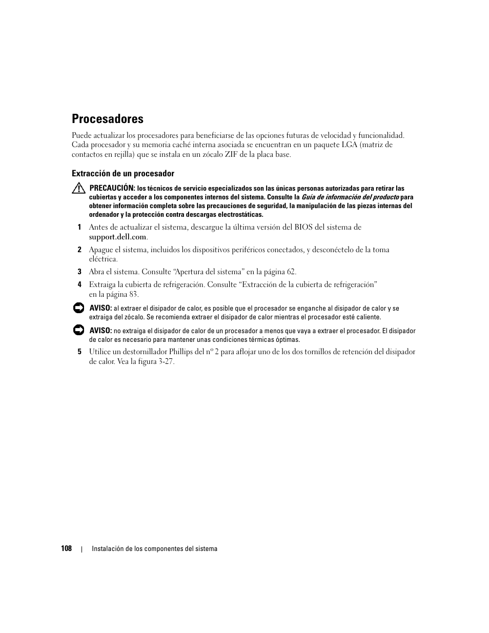 Procesadores, Extracción de un procesador | Dell PowerEdge 2970 User Manual | Page 108 / 206