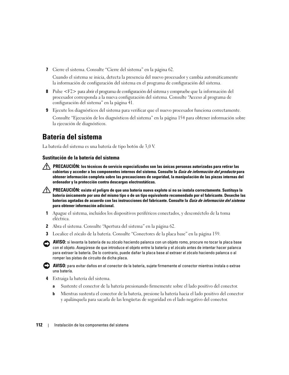 Batería del sistema, Sustitución de la batería del sistema | Dell PowerEdge 2970 User Manual | Page 112 / 206