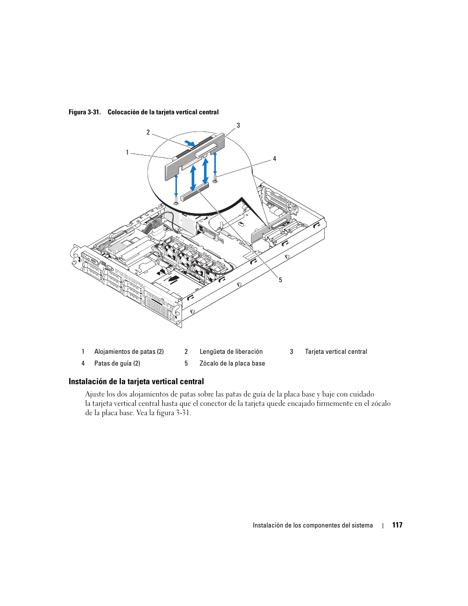 Instalación de la tarjeta vertical central | Dell PowerEdge 2970 User Manual | Page 117 / 206