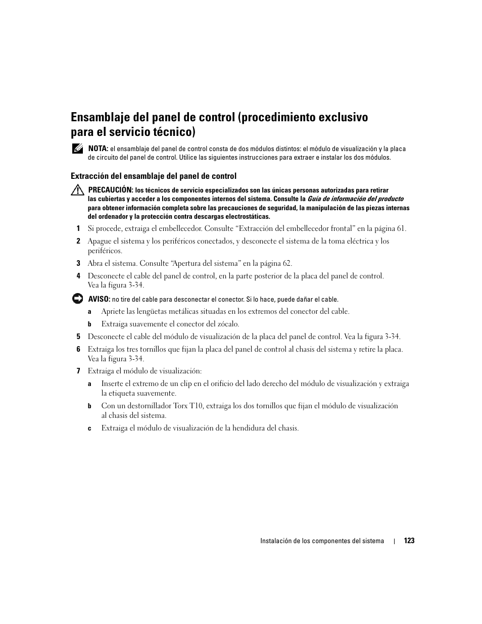 Extracción del ensamblaje del panel de control | Dell PowerEdge 2970 User Manual | Page 123 / 206