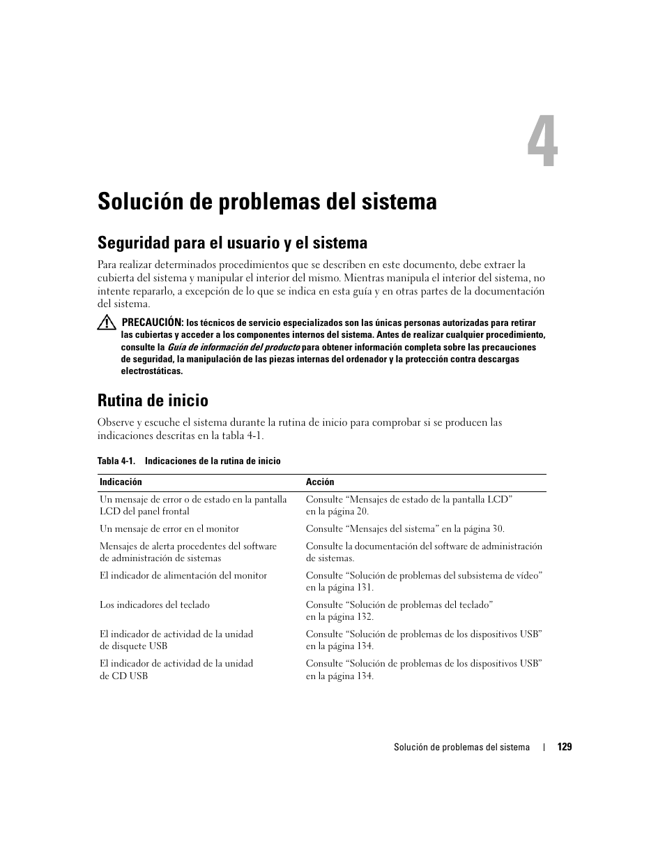 Solución de problemas del sistema, Seguridad para el usuario y el sistema, Rutina de inicio | Dell PowerEdge 2970 User Manual | Page 129 / 206