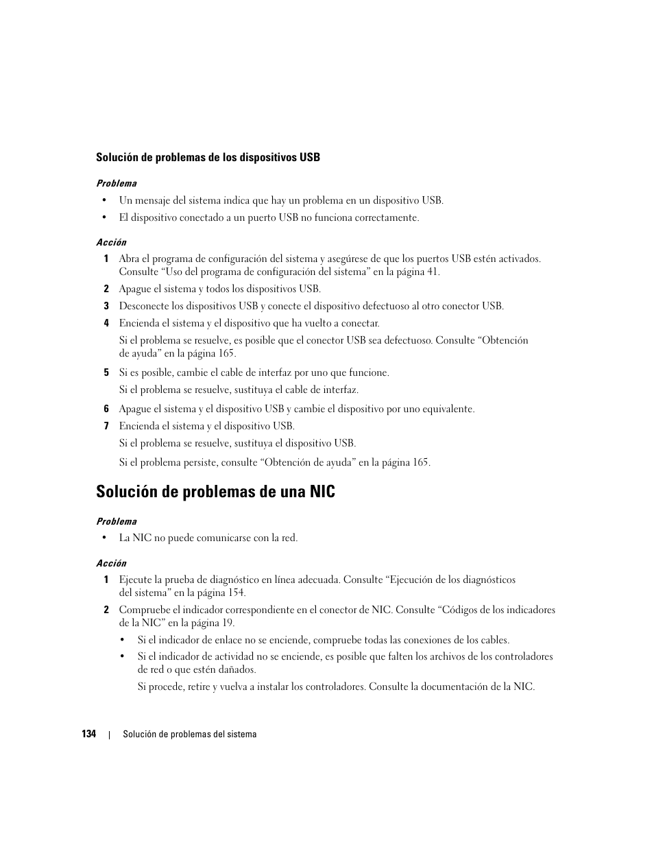 Solución de problemas de los dispositivos usb, Solución de problemas de una nic | Dell PowerEdge 2970 User Manual | Page 134 / 206