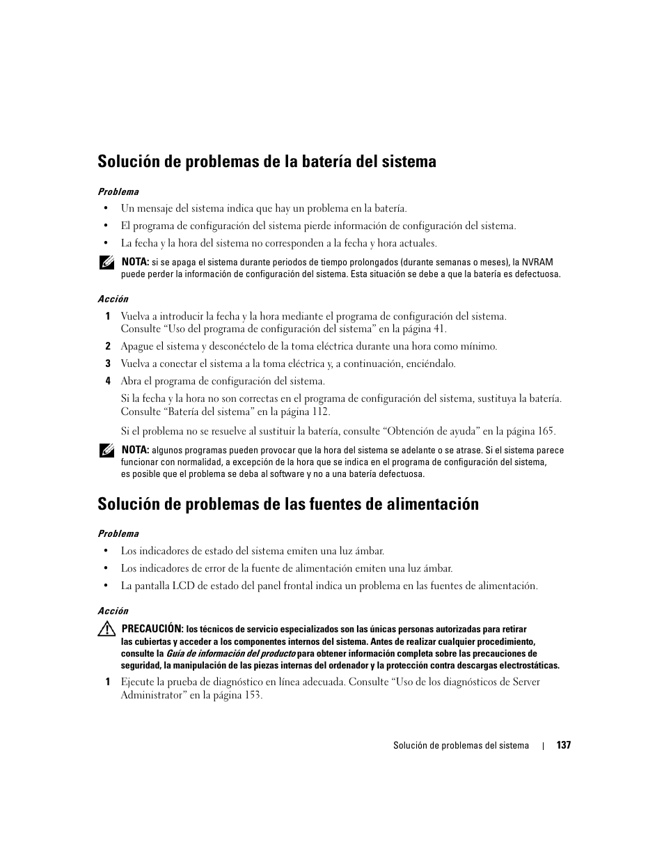 Solución de problemas de la batería del sistema | Dell PowerEdge 2970 User Manual | Page 137 / 206