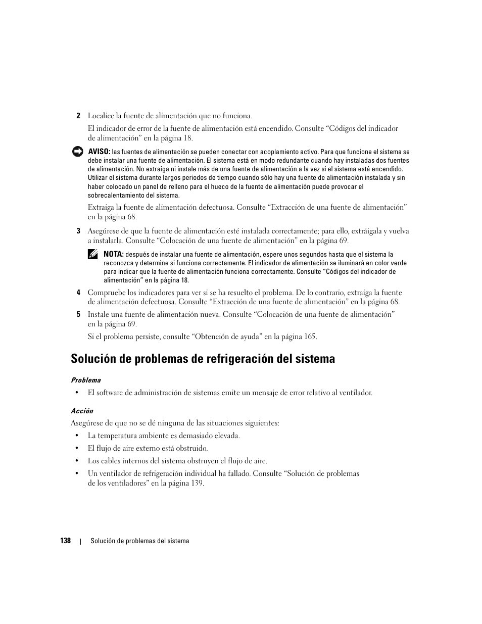 Solución de problemas de refrigeración del sistema | Dell PowerEdge 2970 User Manual | Page 138 / 206