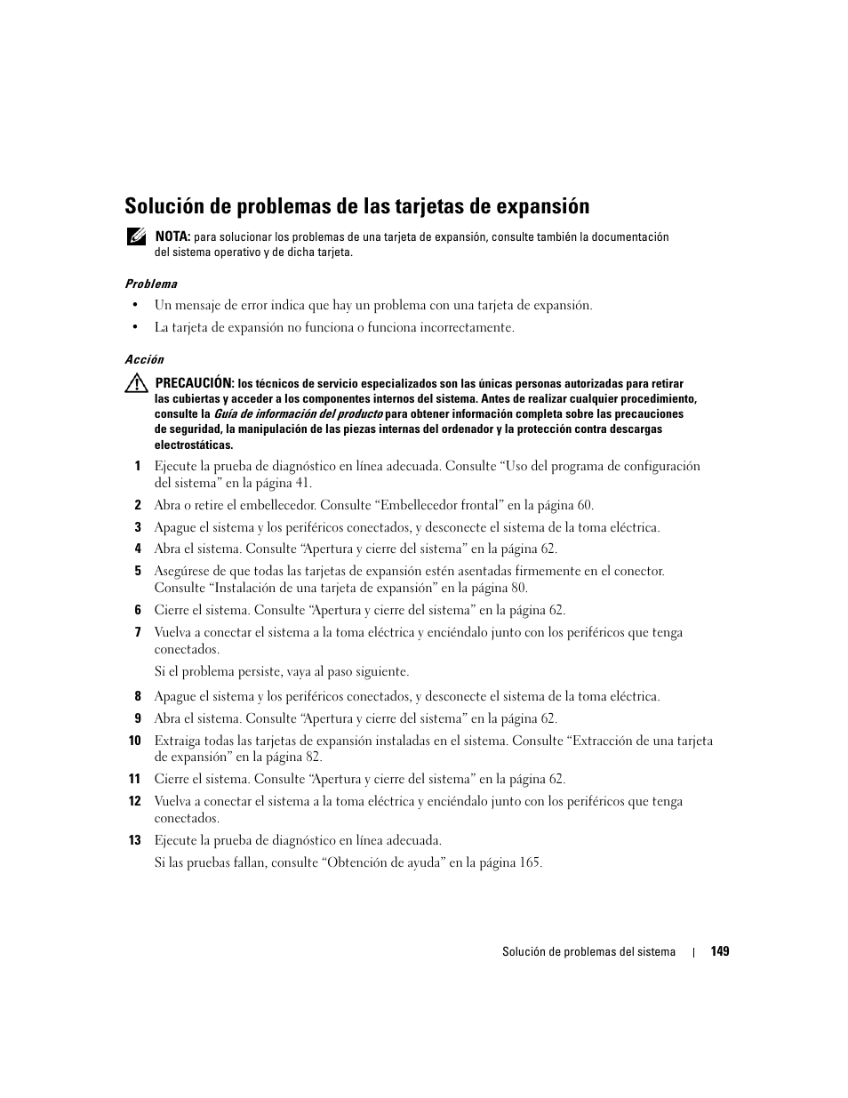 Solución de problemas de las tarjetas de expansión, Solución de problemas de las tarjetas | Dell PowerEdge 2970 User Manual | Page 149 / 206