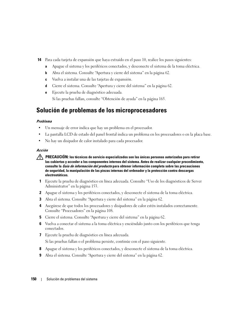 Solución de problemas de los microprocesadores | Dell PowerEdge 2970 User Manual | Page 150 / 206