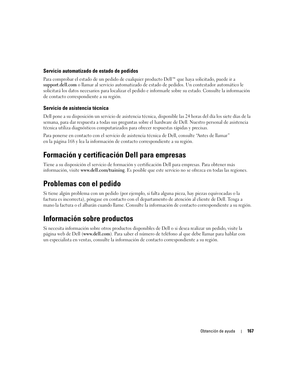 Servicio automatizado de estado de pedidos, Servicio de asistencia técnica, Formación y certificación dell para empresas | Problemas con el pedido, Información sobre productos | Dell PowerEdge 2970 User Manual | Page 167 / 206