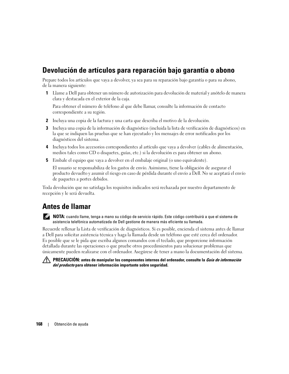 Antes de llamar | Dell PowerEdge 2970 User Manual | Page 168 / 206