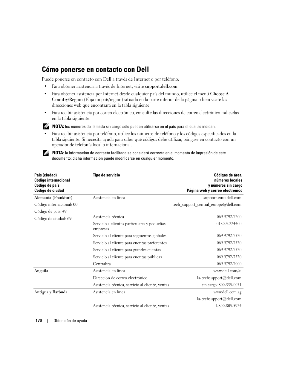 Cómo ponerse en contacto con dell | Dell PowerEdge 2970 User Manual | Page 170 / 206