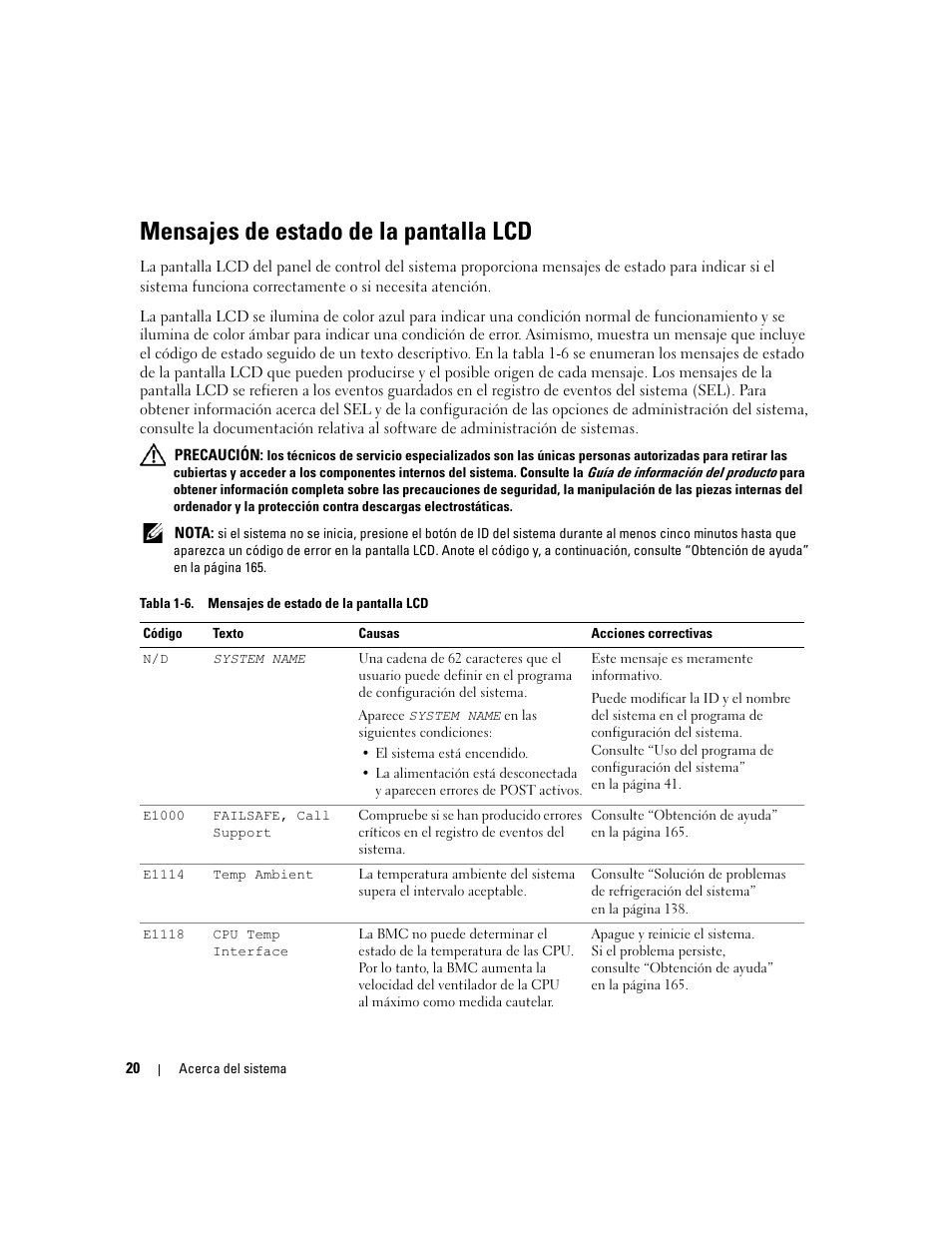 Mensajes de estado de la pantalla lcd | Dell PowerEdge 2970 User Manual | Page 20 / 206