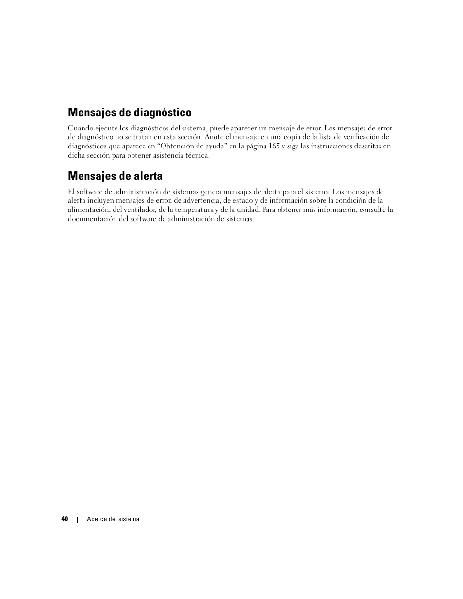 Mensajes de diagnóstico, Mensajes de alerta | Dell PowerEdge 2970 User Manual | Page 40 / 206