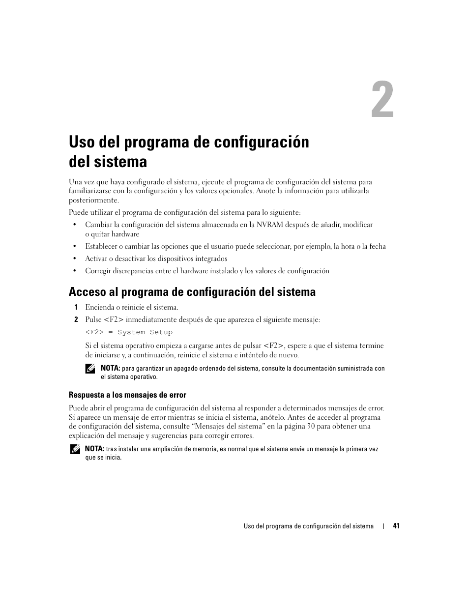 Uso del programa de configuración del sistema, Acceso al programa de configuración del sistema, Respuesta a los mensajes de error | Dell PowerEdge 2970 User Manual | Page 41 / 206