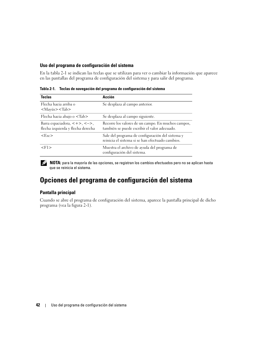 Uso del programa de configuración del sistema, Opciones del programa de configuración del sistema, Pantalla principal | Dell PowerEdge 2970 User Manual | Page 42 / 206