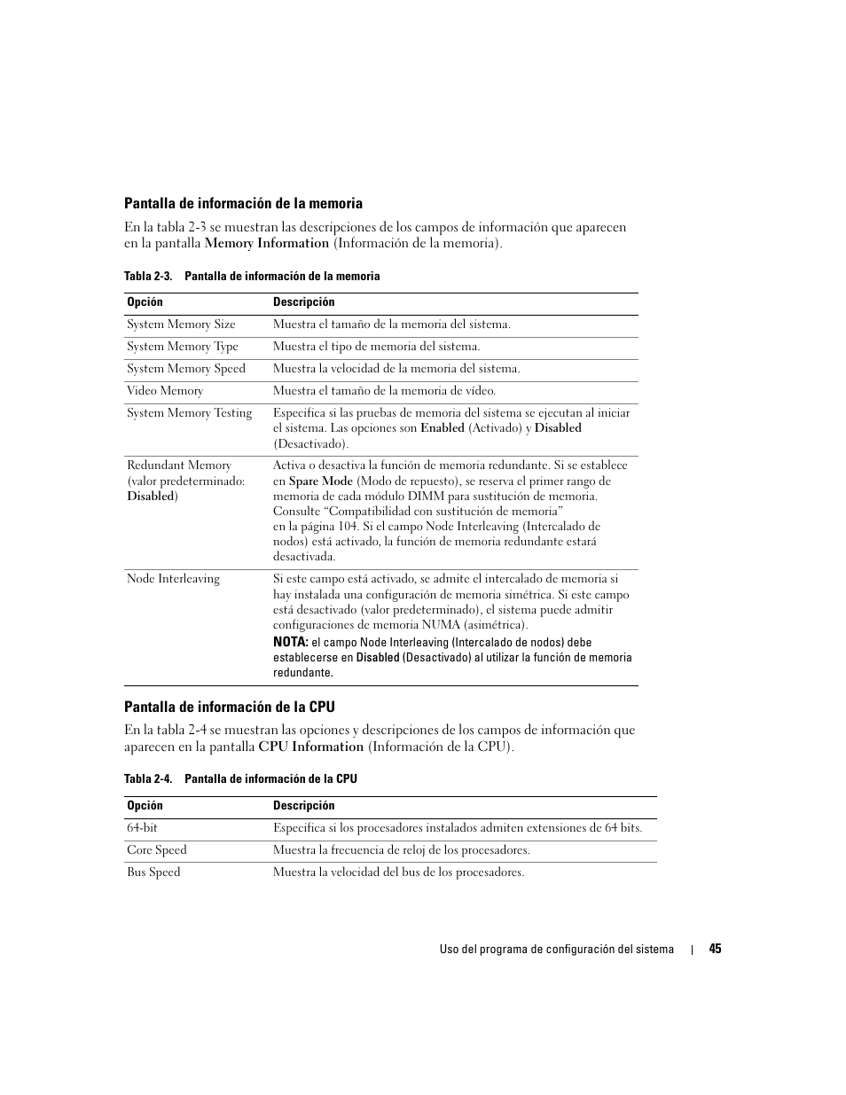 Pantalla de información de la memoria, Pantalla de información de la cpu | Dell PowerEdge 2970 User Manual | Page 45 / 206