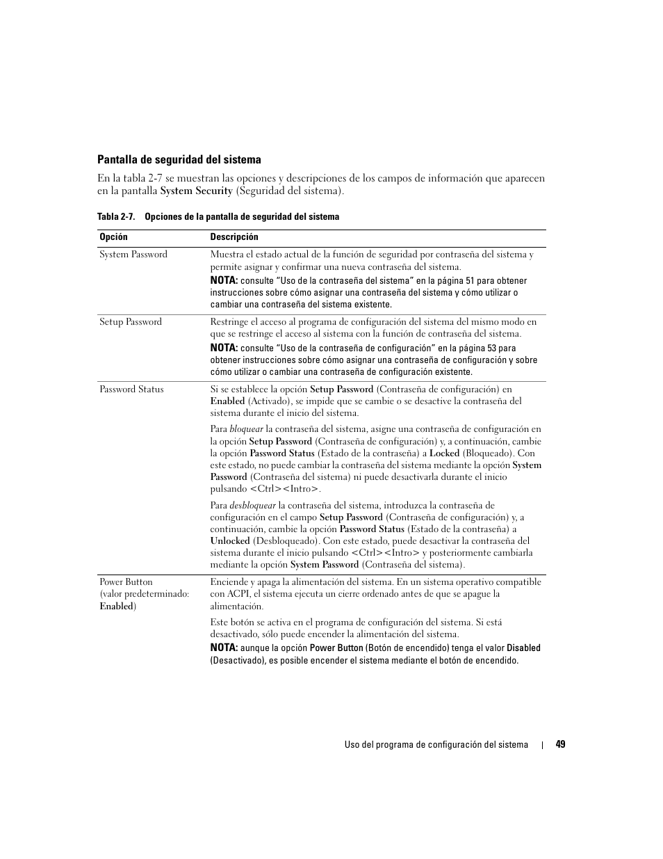 Pantalla de seguridad del sistema | Dell PowerEdge 2970 User Manual | Page 49 / 206