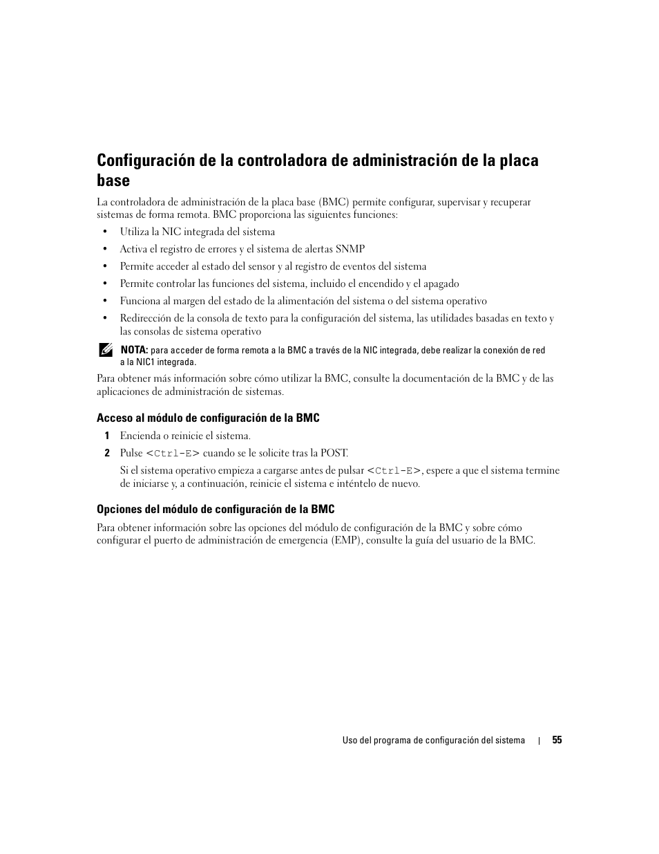 Acceso al módulo de configuración de la bmc, Opciones del módulo de configuración de la bmc | Dell PowerEdge 2970 User Manual | Page 55 / 206