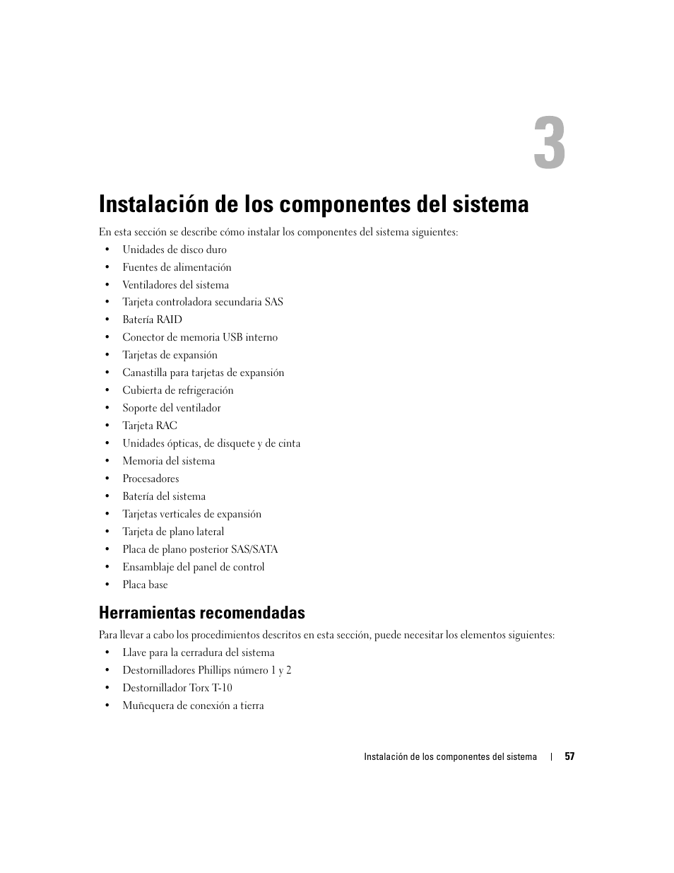 Instalación de los componentes del sistema, Herramientas recomendadas | Dell PowerEdge 2970 User Manual | Page 57 / 206