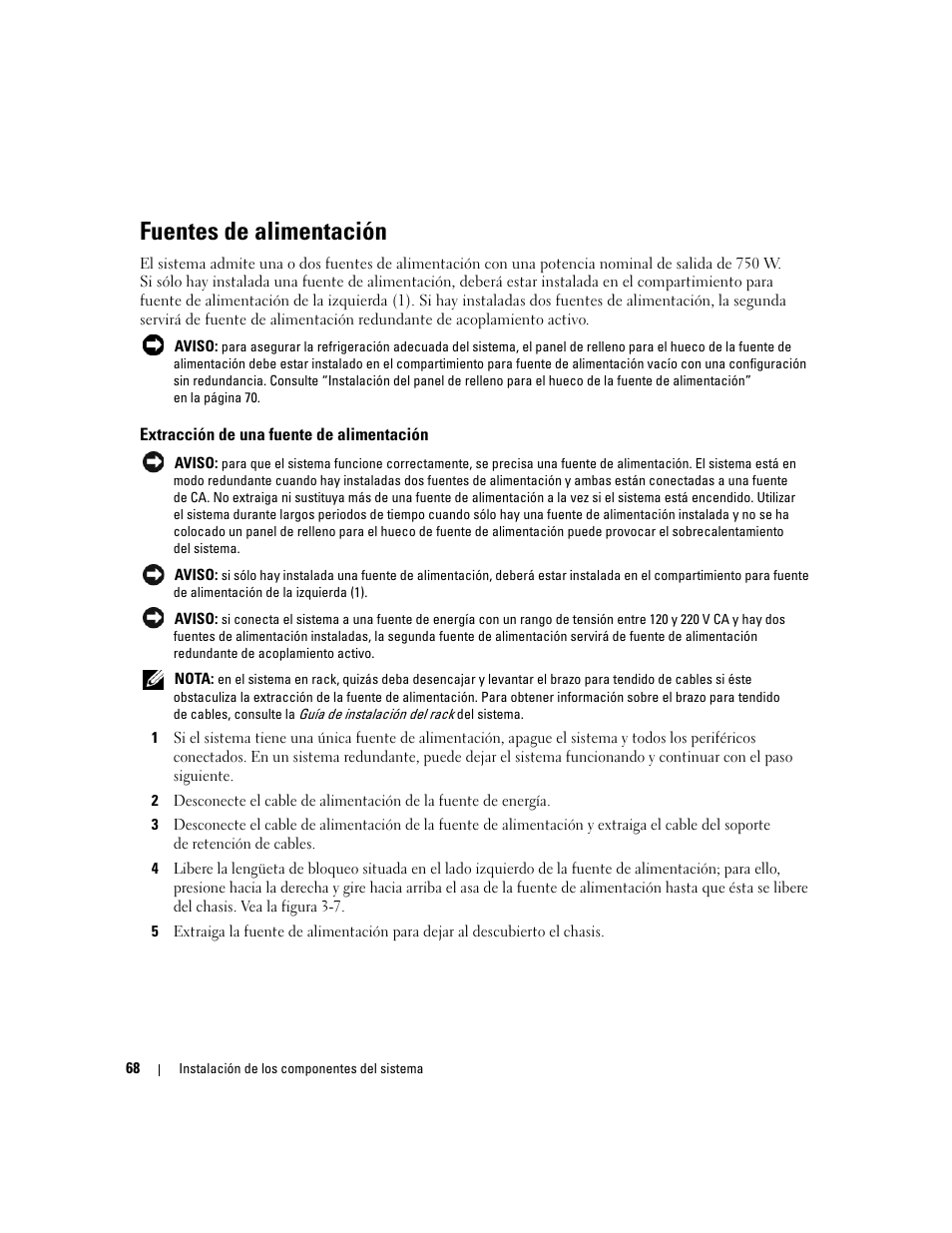 Fuentes de alimentación, Extracción de una fuente de alimentación | Dell PowerEdge 2970 User Manual | Page 68 / 206