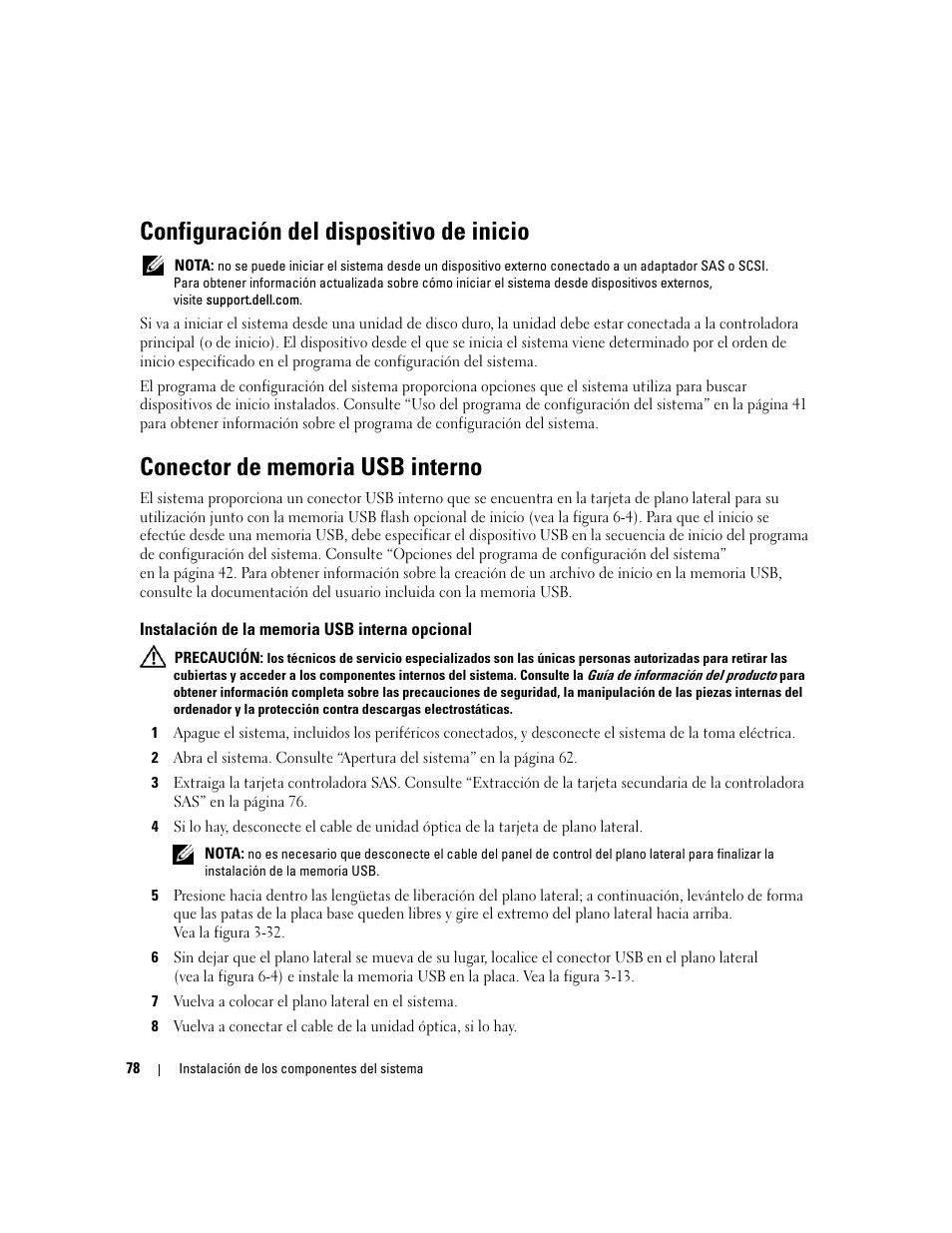 Configuración del dispositivo de inicio, Conector de memoria usb interno, Instalación de la memoria usb interna opcional | Dell PowerEdge 2970 User Manual | Page 78 / 206