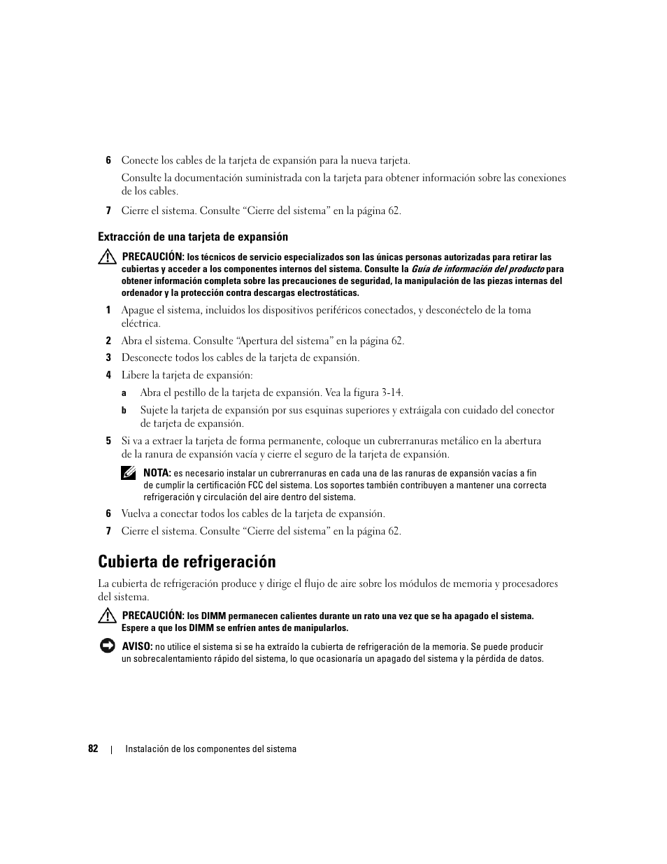 Extracción de una tarjeta de expansión, Cubierta de refrigeración | Dell PowerEdge 2970 User Manual | Page 82 / 206