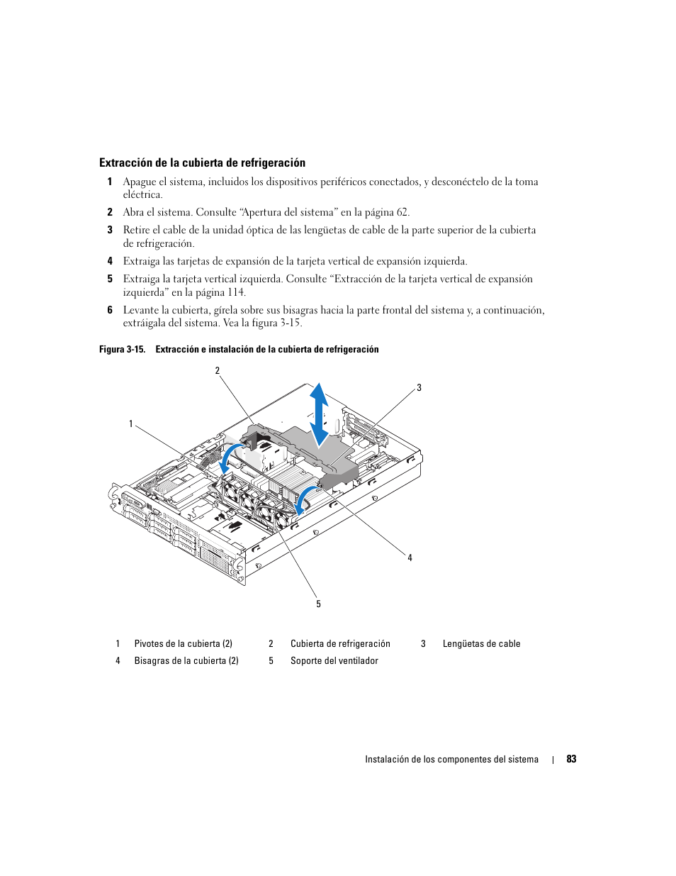 Extracción de la cubierta de refrigeración | Dell PowerEdge 2970 User Manual | Page 83 / 206