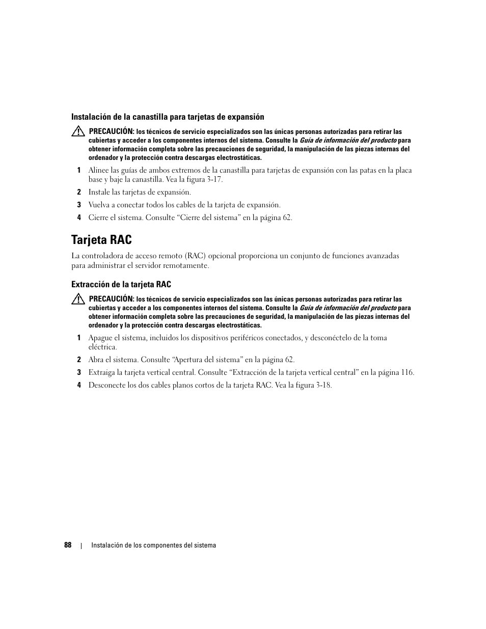 Tarjeta rac, Extracción de la tarjeta rac | Dell PowerEdge 2970 User Manual | Page 88 / 206