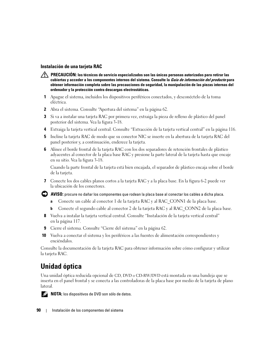 Instalación de una tarjeta rac, Unidad óptica | Dell PowerEdge 2970 User Manual | Page 90 / 206