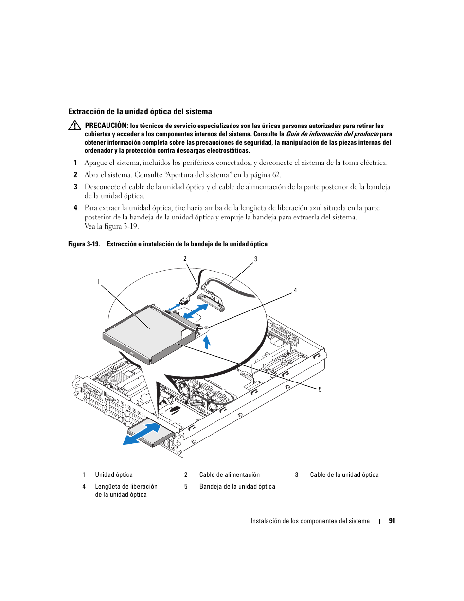 Extracción de la unidad óptica del sistema | Dell PowerEdge 2970 User Manual | Page 91 / 206