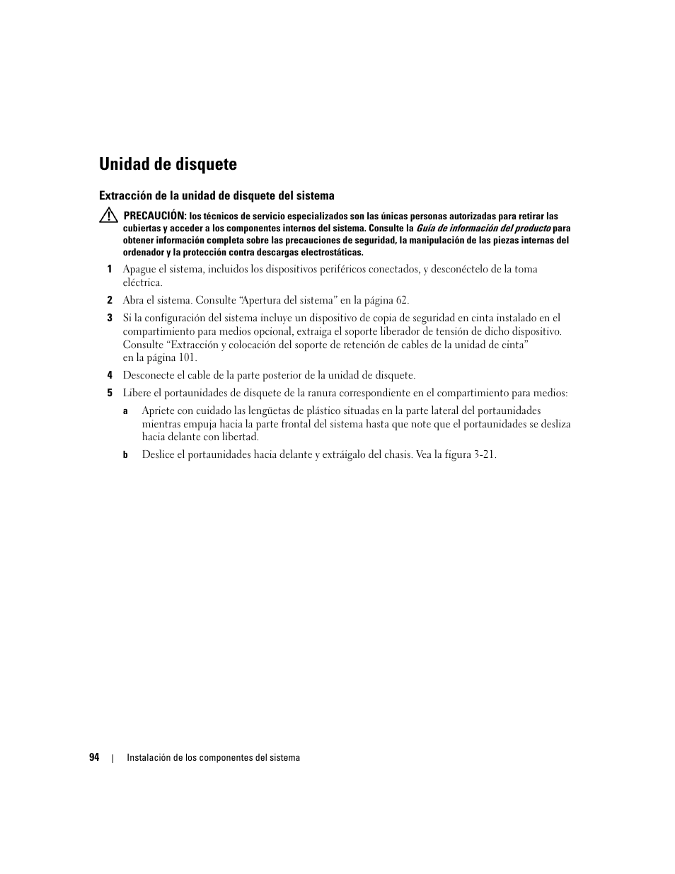 Unidad de disquete, Extracción de la unidad de disquete del sistema | Dell PowerEdge 2970 User Manual | Page 94 / 206