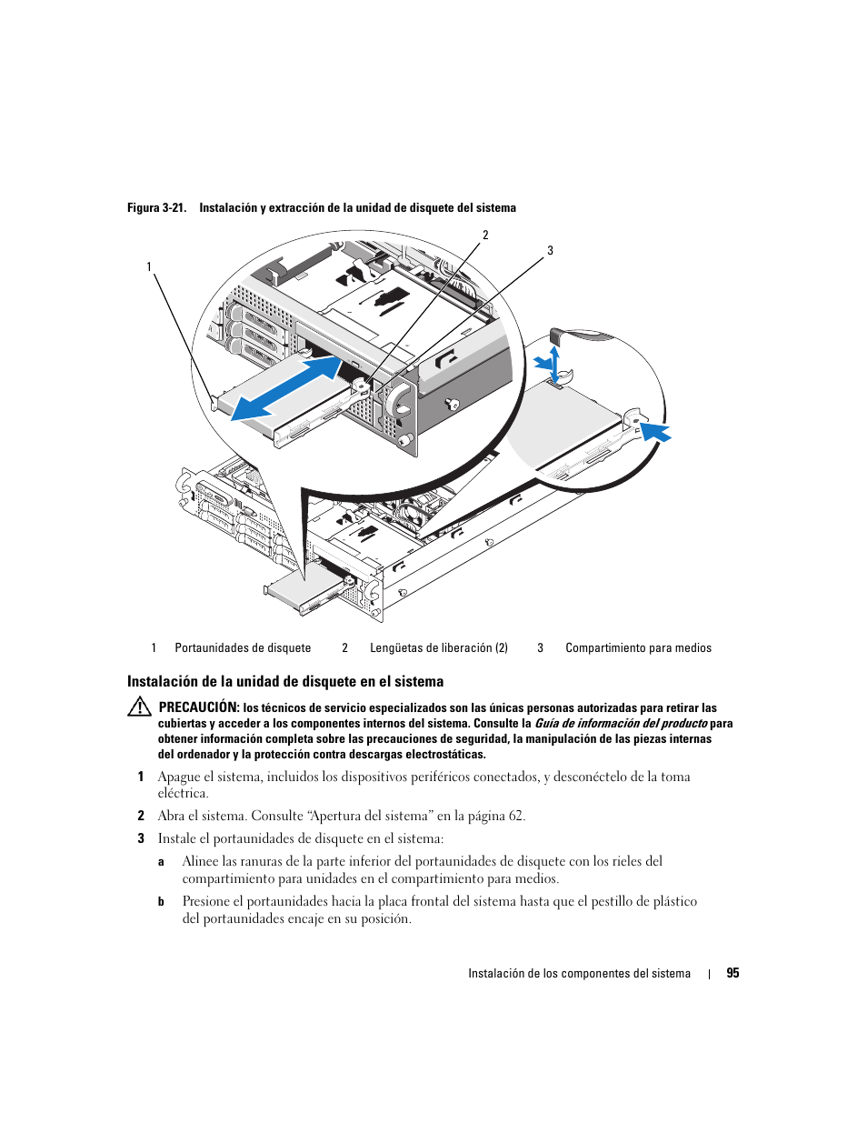 Instalación de la unidad de disquete en el sistema | Dell PowerEdge 2970 User Manual | Page 95 / 206