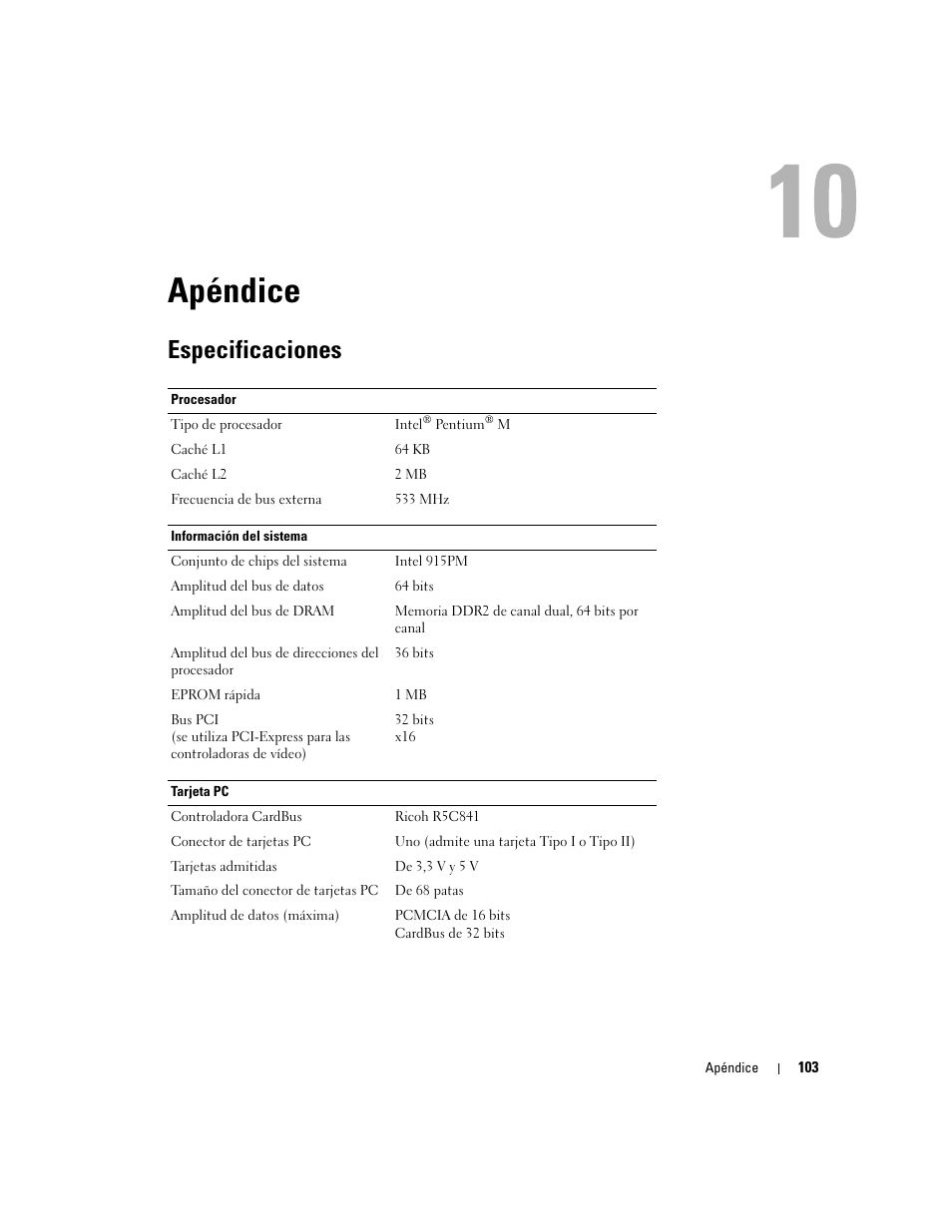 Apéndice, Especificaciones, 10 apéndice | Dell XPS M170 (MXG051, Late 2005) User Manual | Page 103 / 134