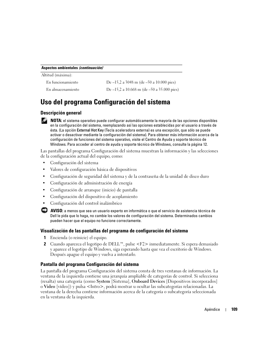 Uso del programa configuración del sistema, Descripción general, Pantalla del programa configuración del sistema | Dell XPS M170 (MXG051, Late 2005) User Manual | Page 109 / 134