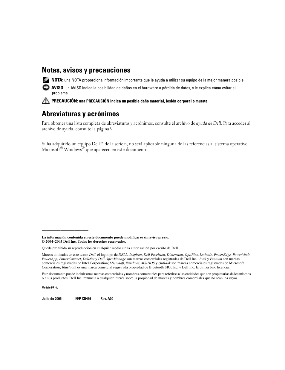 Notas, avisos y precauciones, Abreviaturas y acrónimos | Dell XPS M170 (MXG051, Late 2005) User Manual | Page 2 / 134