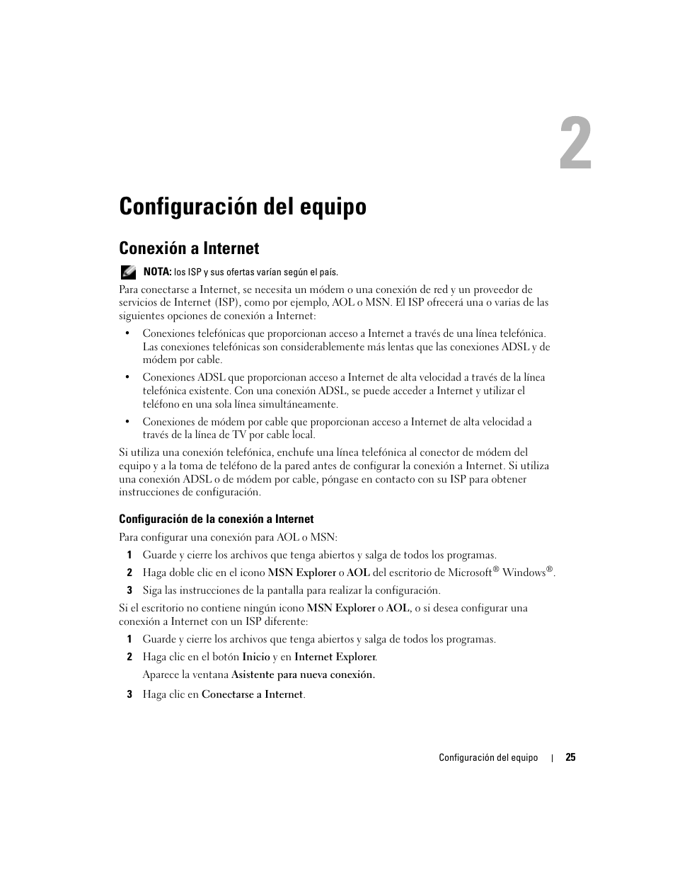 Configuración del equipo, Conexión a internet, Configuración de la conexión a internet | Dell XPS M170 (MXG051, Late 2005) User Manual | Page 25 / 134