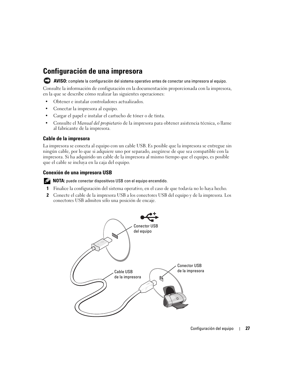 Configuración de una impresora, Cable de la impresora, Conexión de una impresora usb | Dell XPS M170 (MXG051, Late 2005) User Manual | Page 27 / 134
