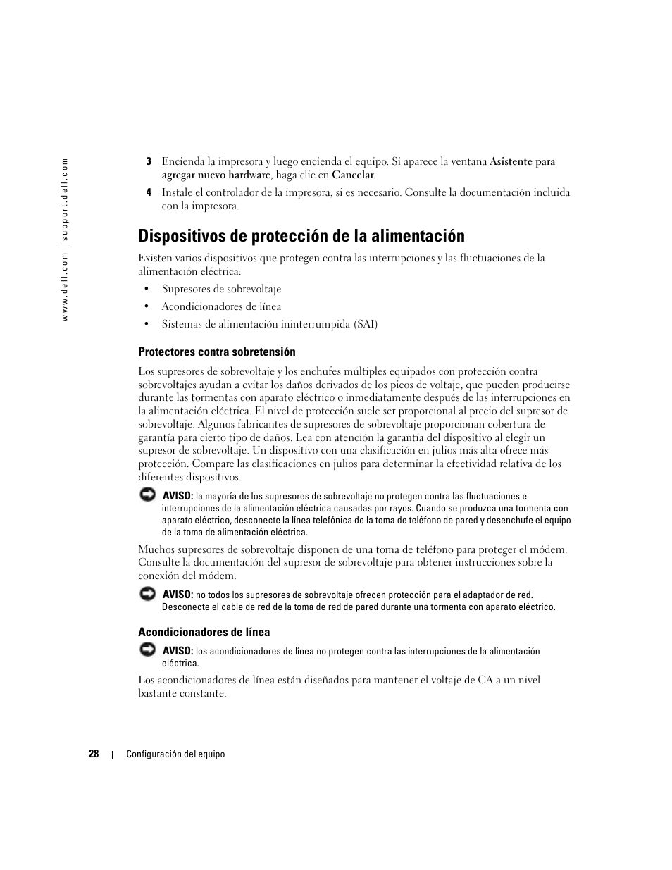 Dispositivos de protección de la alimentación, Protectores contra sobretensión, Acondicionadores de línea | Dell XPS M170 (MXG051, Late 2005) User Manual | Page 28 / 134