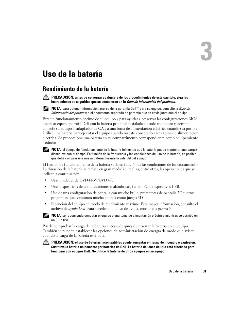 Uso de la batería, Rendimiento de la batería | Dell XPS M170 (MXG051, Late 2005) User Manual | Page 31 / 134