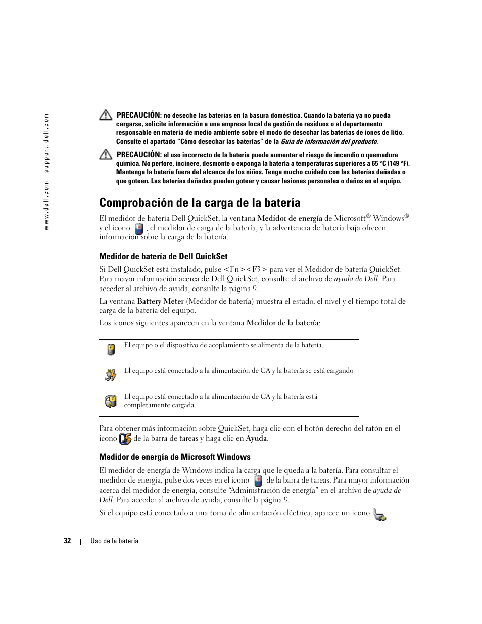 Comprobación de la carga de la batería, Medidor de batería de dell quickset, Medidor de energía de microsoft windows | Dell XPS M170 (MXG051, Late 2005) User Manual | Page 32 / 134