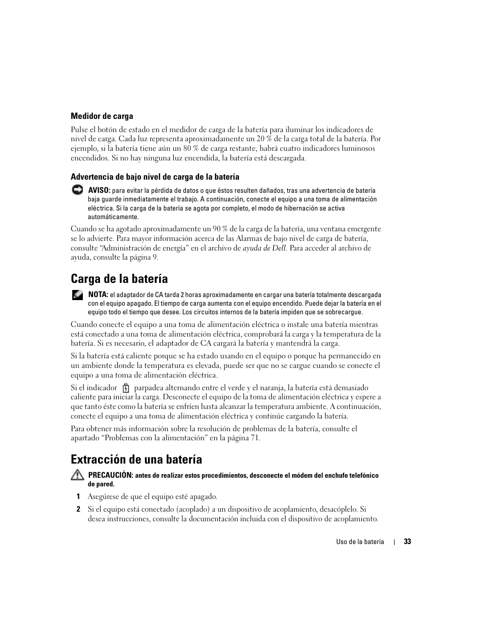 Medidor de carga, Advertencia de bajo nivel de carga de la batería, Carga de la batería | Extracción de una batería | Dell XPS M170 (MXG051, Late 2005) User Manual | Page 33 / 134