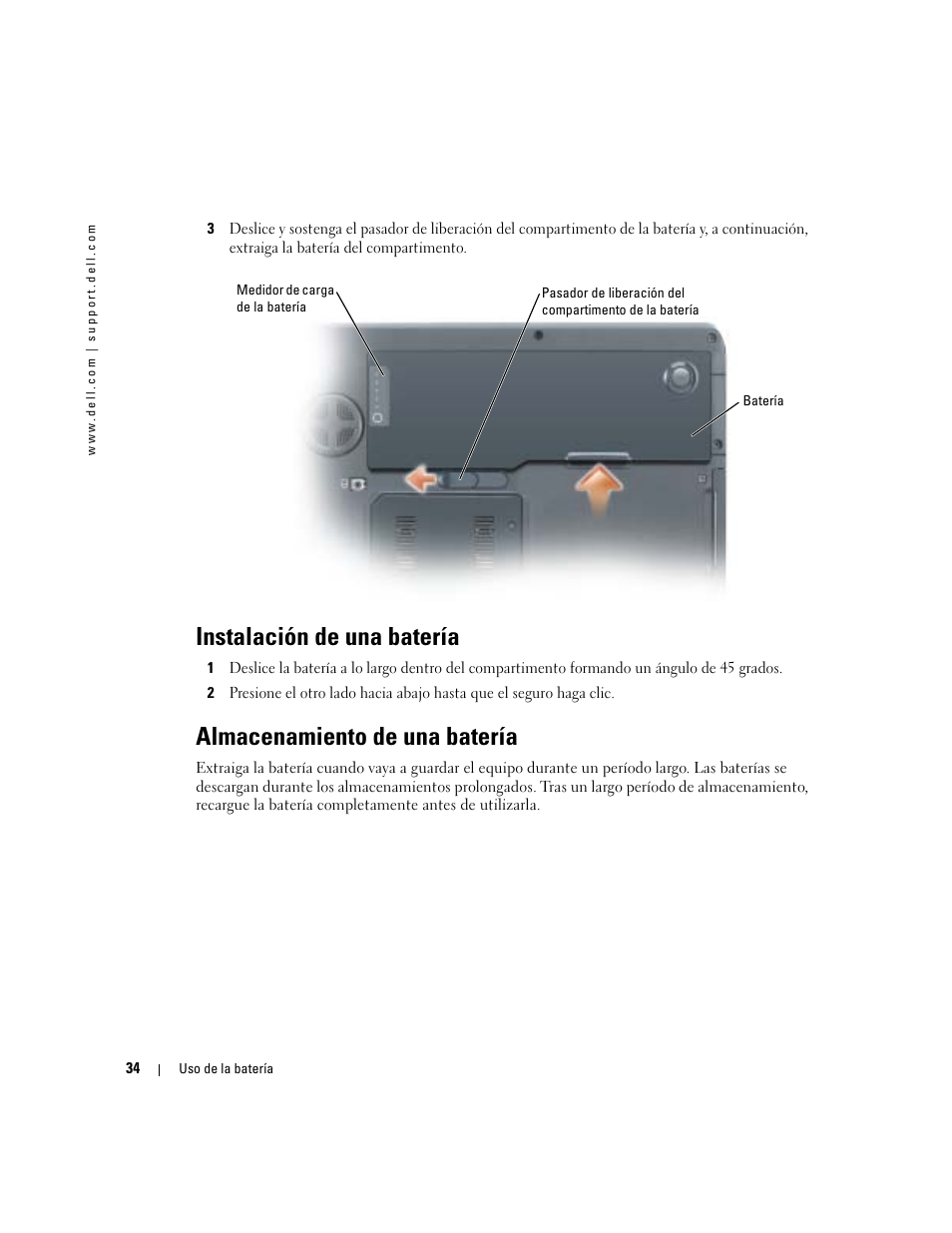 Instalación de una batería, Almacenamiento de una batería | Dell XPS M170 (MXG051, Late 2005) User Manual | Page 34 / 134