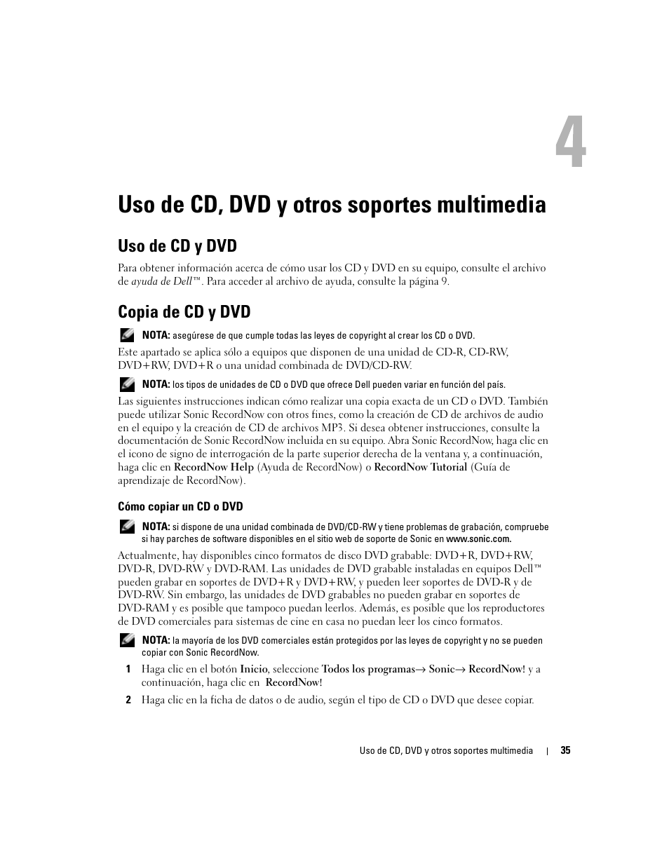 Uso de cd, dvd y otros soportes multimedia, Uso de cd y dvd, Copia de cd y dvd | Cómo copiar un cd o dvd | Dell XPS M170 (MXG051, Late 2005) User Manual | Page 35 / 134