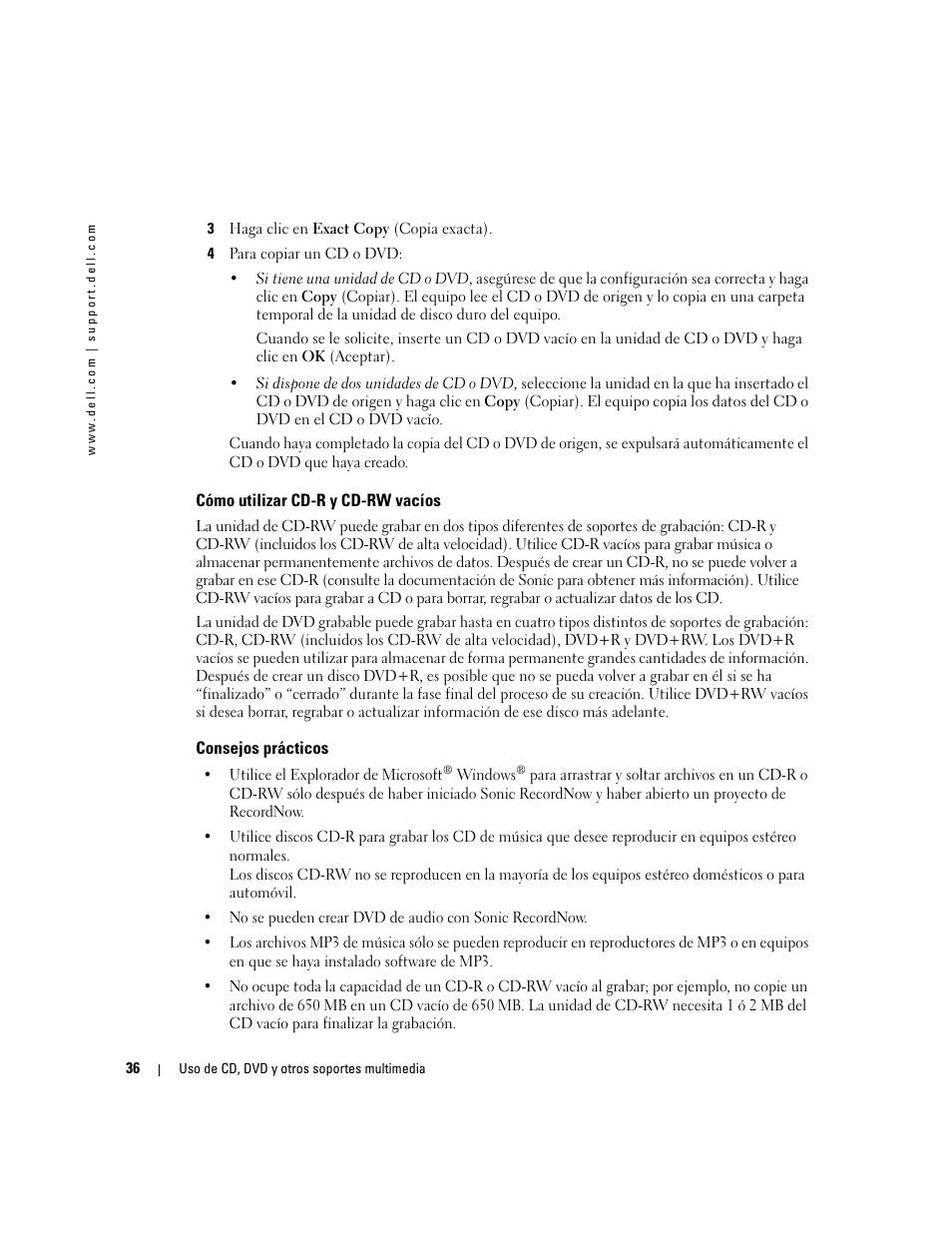 Cómo utilizar cd-r y cd-rw vacíos, Consejos prácticos | Dell XPS M170 (MXG051, Late 2005) User Manual | Page 36 / 134