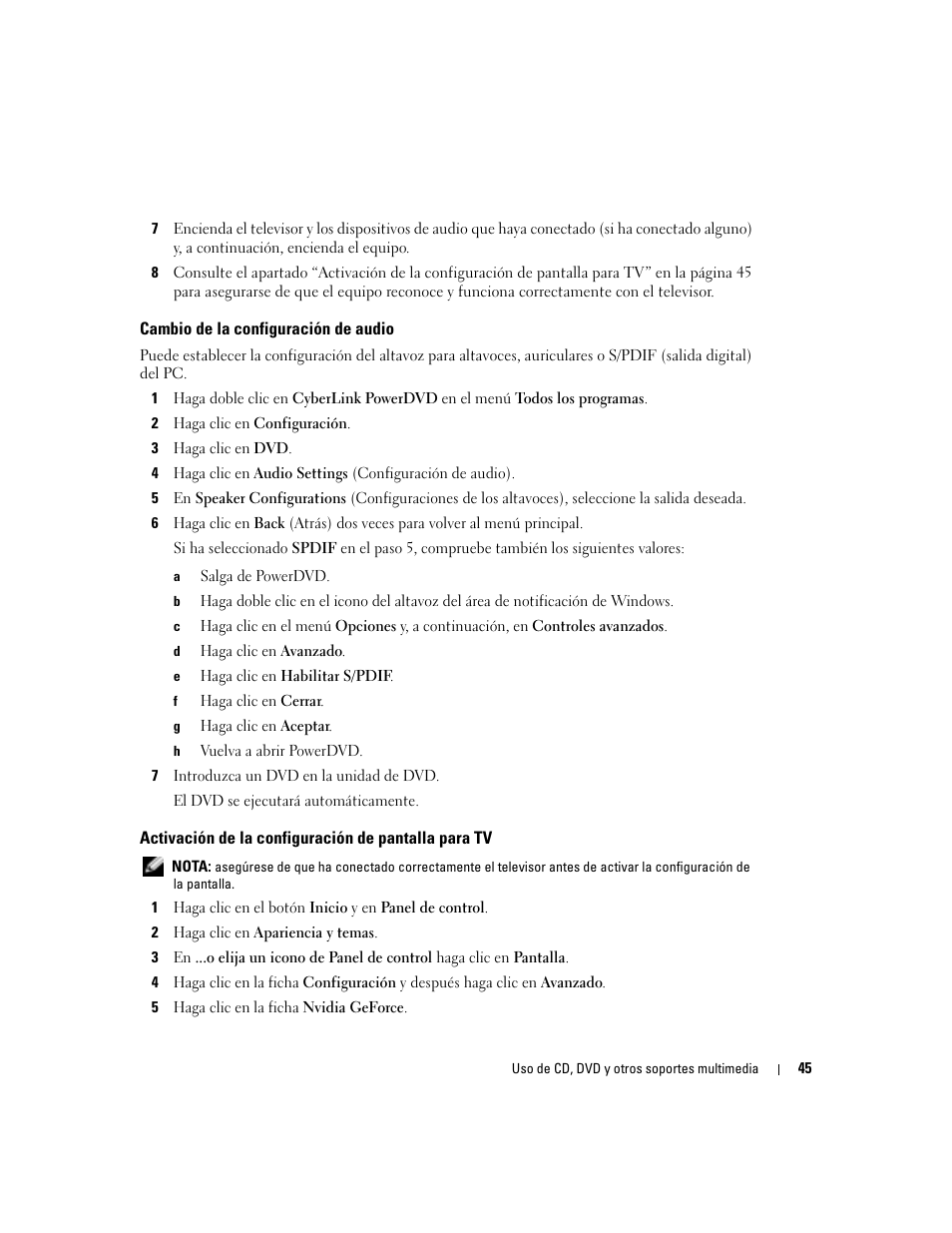 Cambio de la configuración de audio, Activación de la configuración de pantalla para tv | Dell XPS M170 (MXG051, Late 2005) User Manual | Page 45 / 134